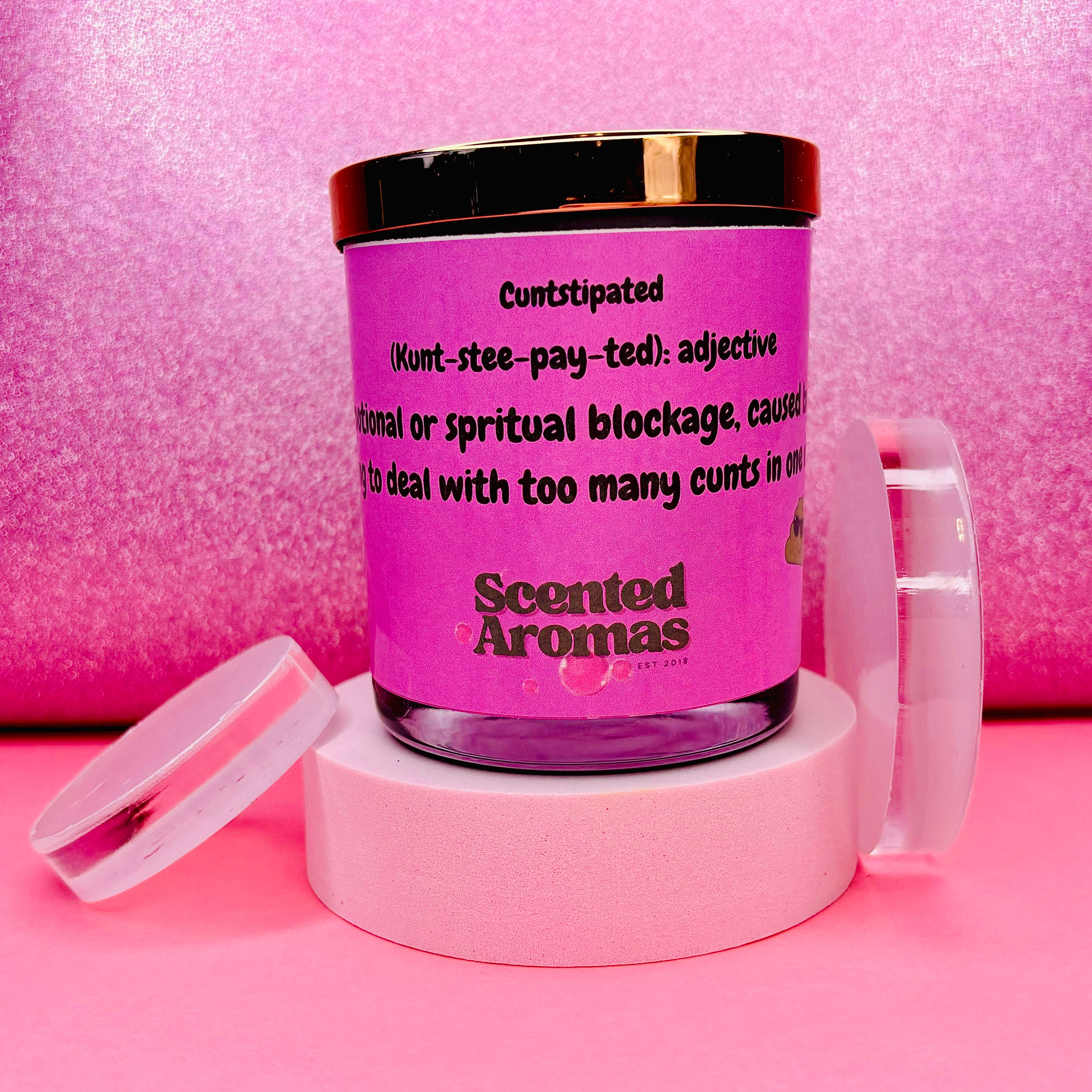 This pure soy wax candle, named "Constipated Funny Quote Candle 200g" from The Soap Gal x, features a humorous label definition on a pink background that adds a touch of laughter to your decor.