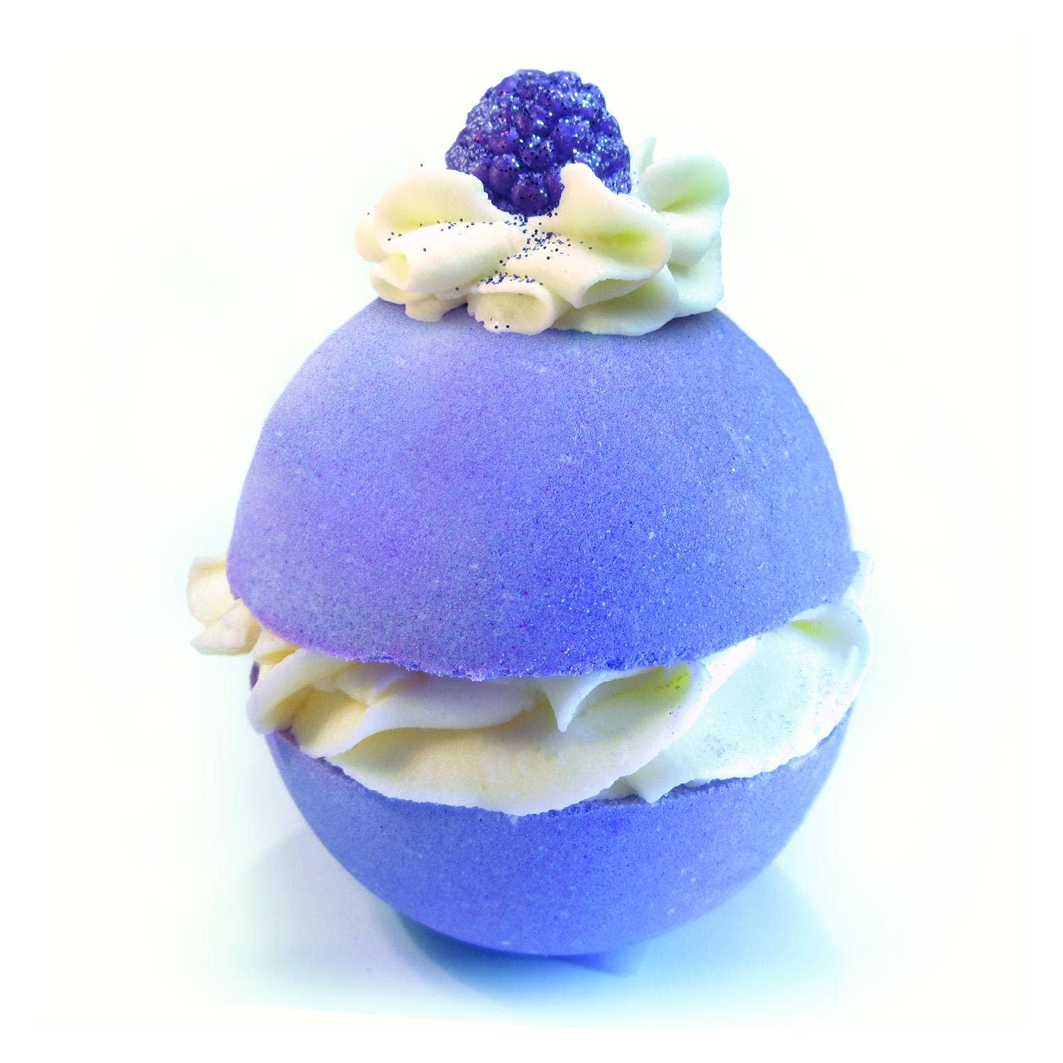 The Blackberry Jam Cocoa Shea Butter Bath Bomb by Scented Aromas is crafted to resemble a lavender macaron, complete with indulgent shea butter, cocoa butter frosting, and a decorative blackberry accent.