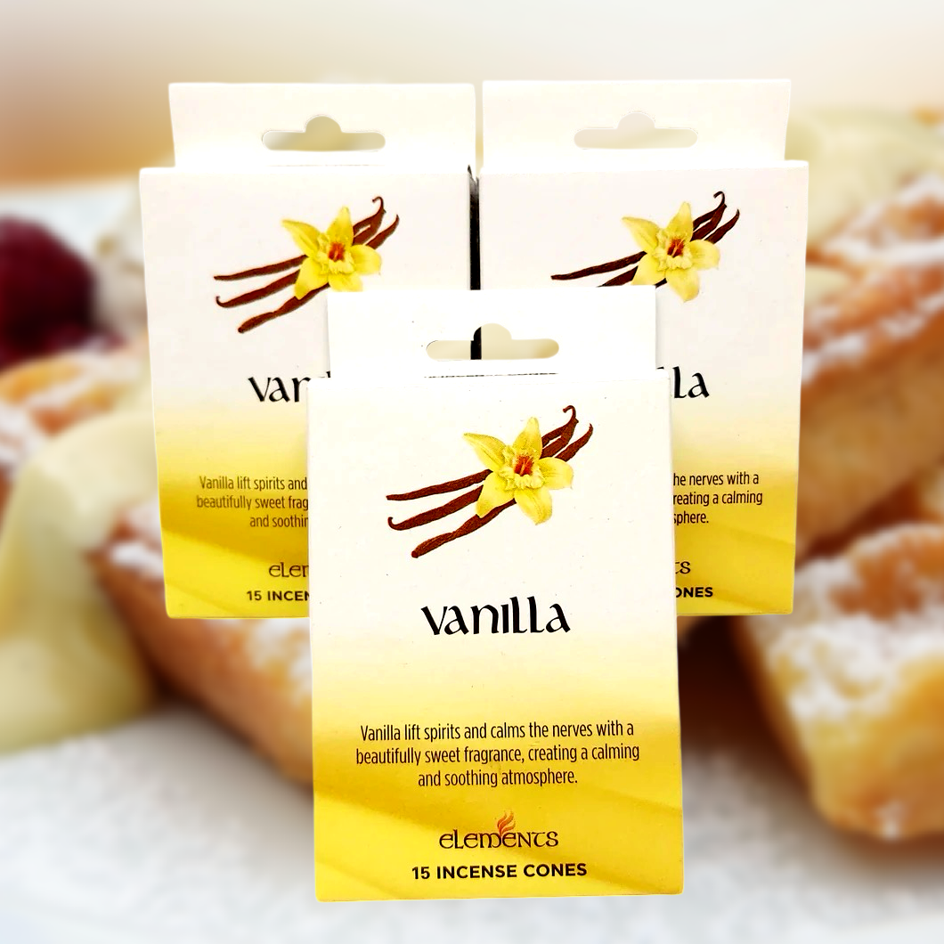 Three boxes of Vanilla Incense Cones by The Soap Gal x, featuring a design of vanilla flowers and pods, provide a calming fragrance. Perfect for stress relief and mood enhancement, these cones envelop your space with soothing aromas.