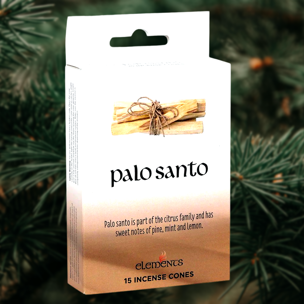 Box of Palo Santo Incense Cones from The Soap Gal x, perfect for spiritual rituals and featuring an image of bundled sticks. The label describes the scent as having notes of pine, mint, and lemon. Each box contains 15 incense cones.