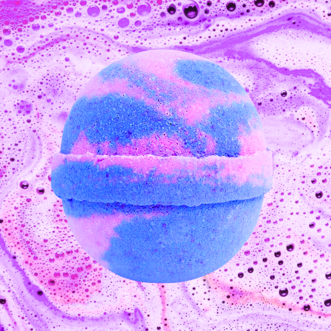 Introducing The Soap Gal x Clouds Perfume Inspired Bath Bomb: A vibrant blue and pink bath bomb that releases a luxurious swirl of purple and pink foam, elevating your self-care routine to a spa-like indulgence.