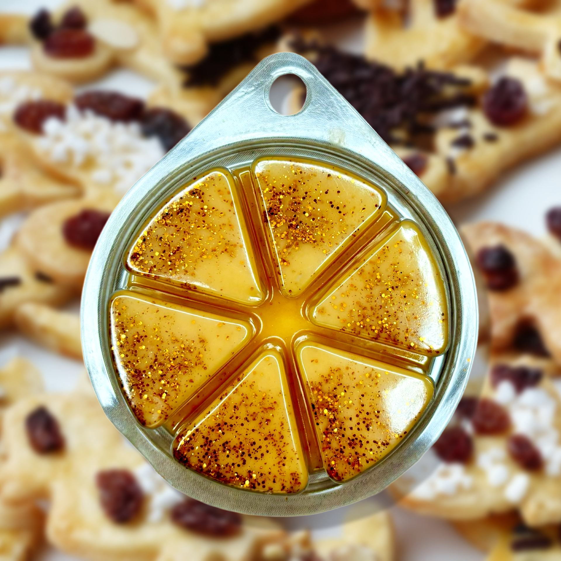 Circular tray holding six wedges of golden, glittery jelly displayed against a base of Run Run As Fast As You Can Gingerbread Wax Melts 85g by The Soap Gal x.