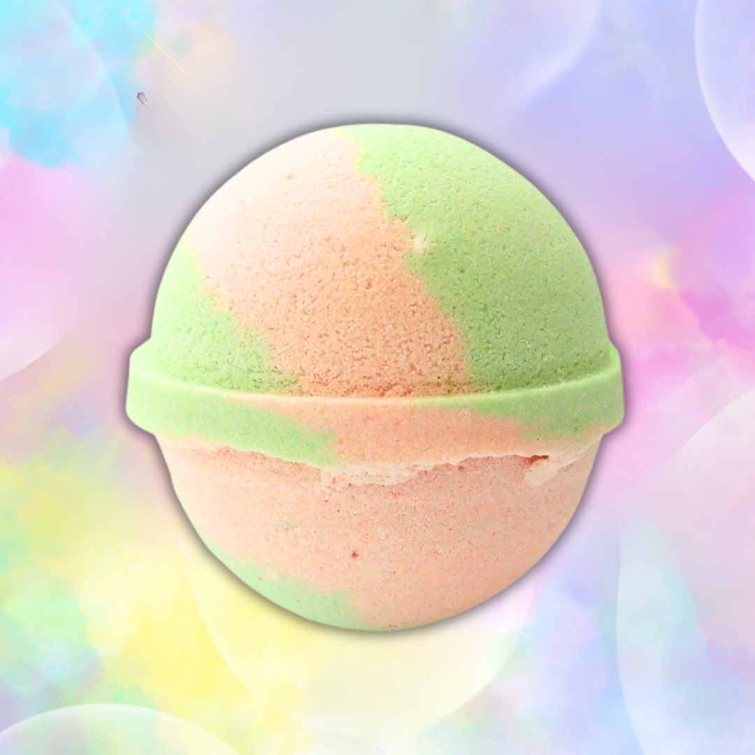 A vibrant vegan bath bomb named the Sweet Shop Favourites Pear Drops Bath Bomb by The Soap Gal x, featuring swirls of pastel pink and green set against a gentle, multicolored background.