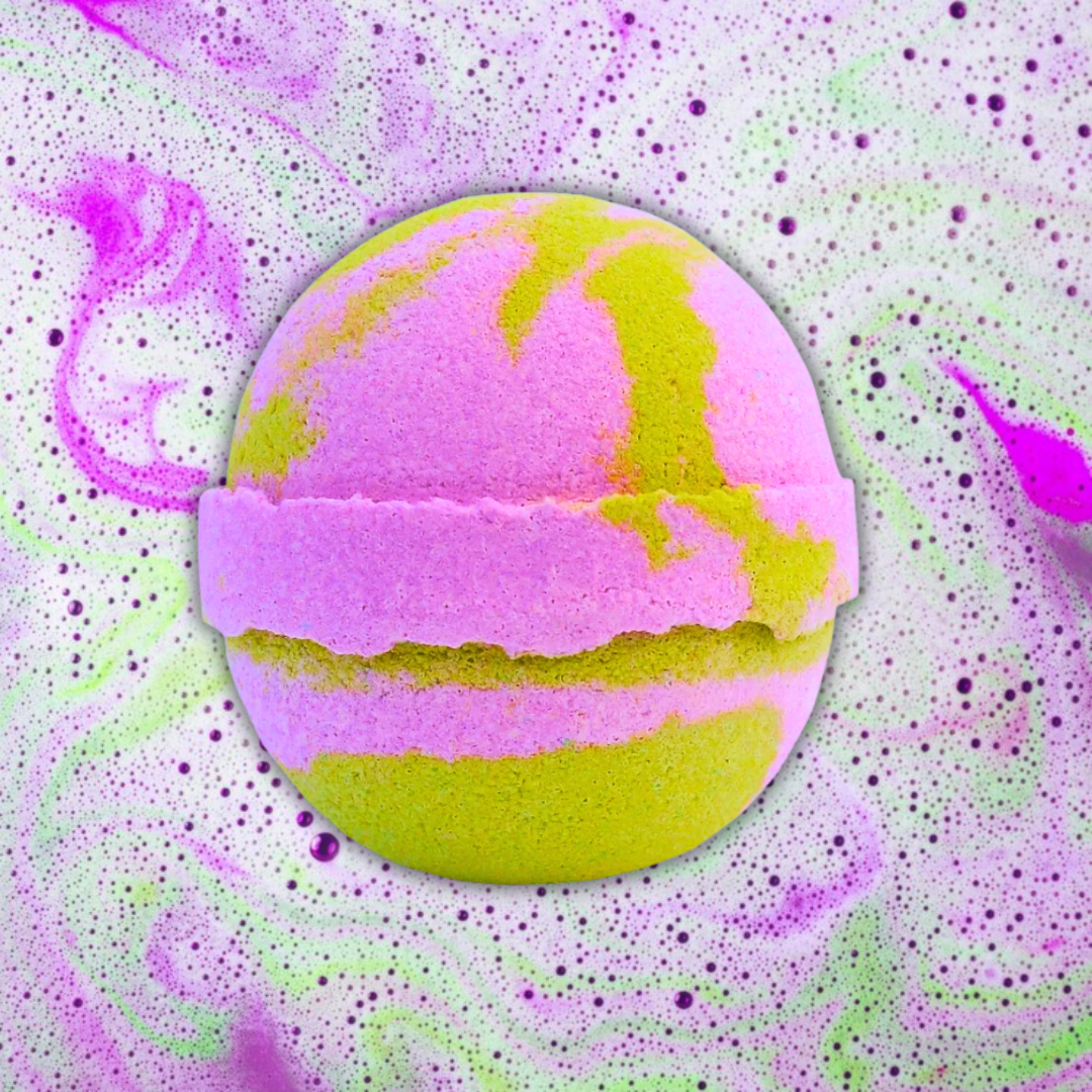 Against a backdrop of swirling pink, green, and purple hues, the Scandalous Perfume Bath Bomb from The Soap Gal x delights with its vibrant pink and green swirls. This fizzy bath bomb transforms your bath into a luxurious spa experience.