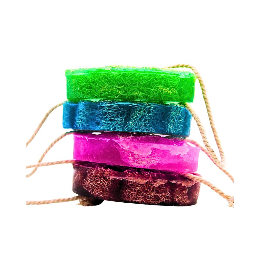 A set of four vibrant Loofah Soap On A Rope by The Soap Gal x, each featuring attached strings.