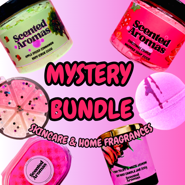 An image displays a delightful assortment of The Soap Gal x Scented Aromas skincare and home fragrance products, featuring body scrubs, soap, a candle, and a bath bomb. Text reads "Mystery Bundle" with seven products.