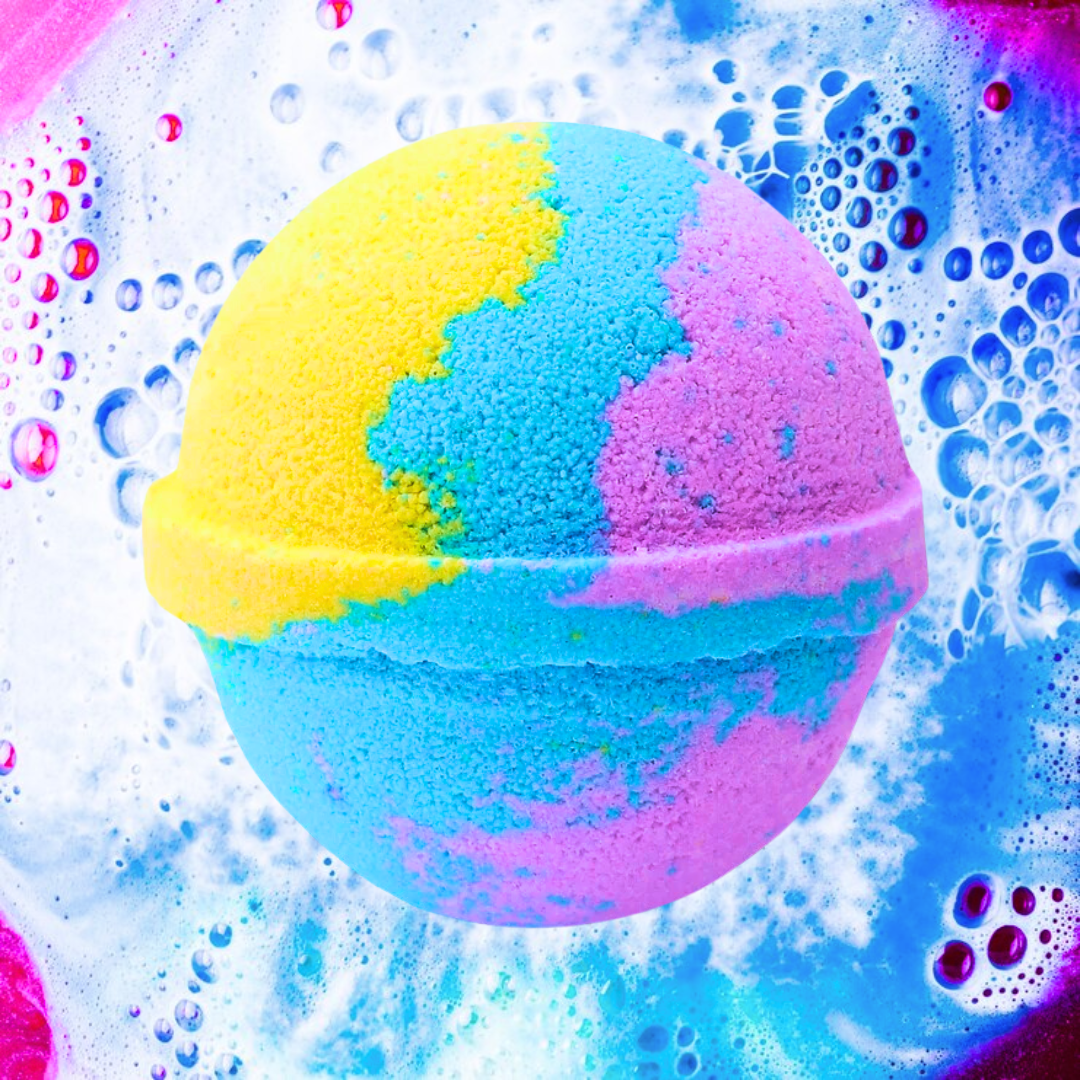 Experience the Rock and Roll Bath Bomb by The Soap Gal x, a lively blend of vibrant yellow, blue, and pink sections surrounded by foamy bubbles and energetic swirls. Indulge in its sweet aroma as it turns your bath into a mesmerizing oasis of color.