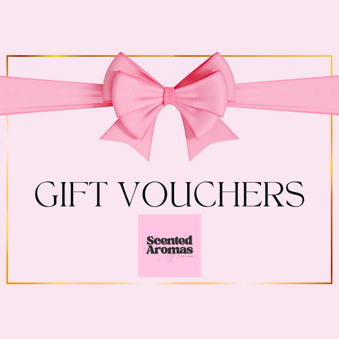 A pink e-gift voucher from The Soap Gal x showcases a ribbon and bow design, elegantly labeled "Scented Aromas" and "Gift Vouchers," making it an ideal quick gift.