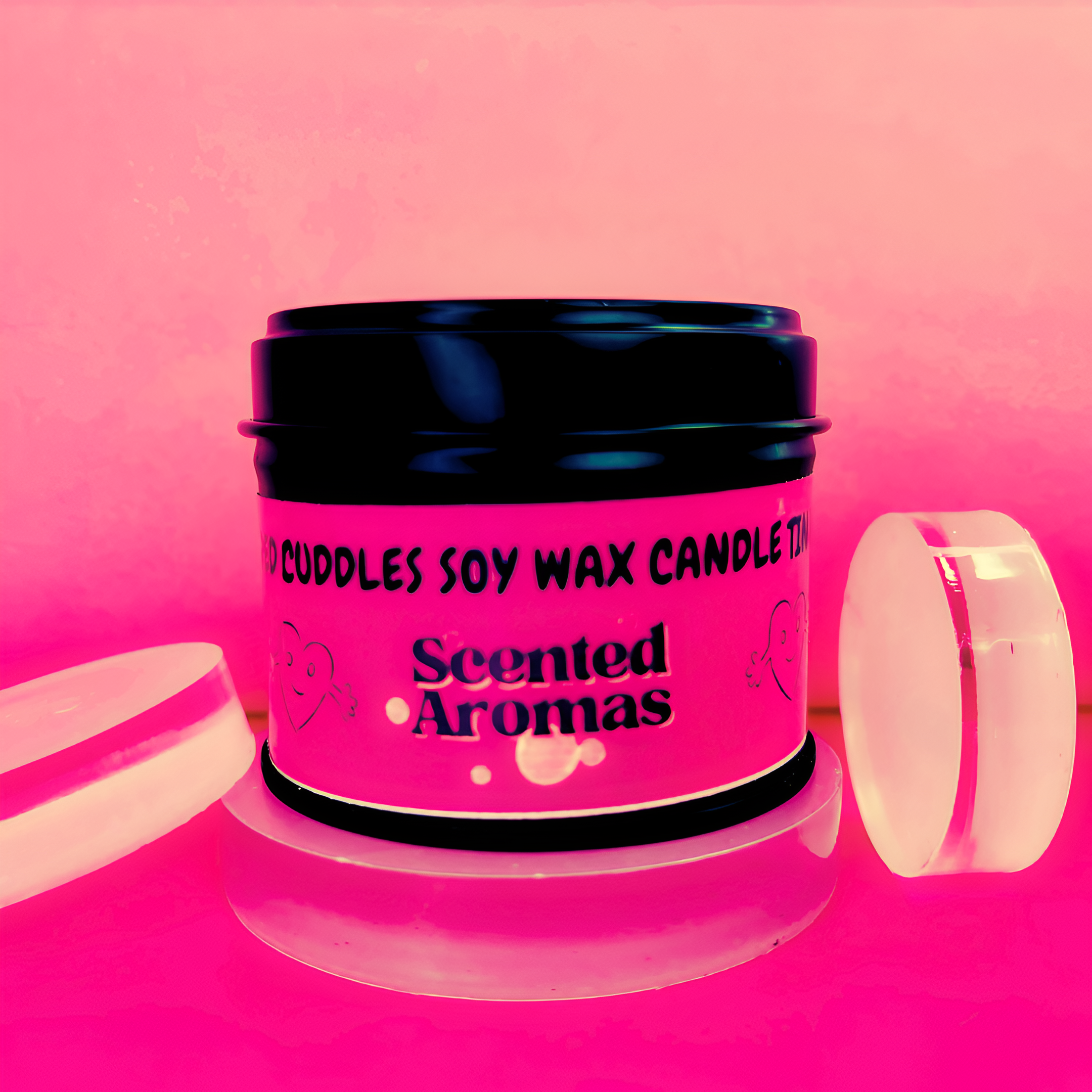 A pink tin of "Sugared Cuddles Candle Tin - 100ml" by The Soap Gal x sits against a pink backdrop with two translucent circles nearby. This vegan-friendly candle provides a long-lasting fragrance ideal for any space.