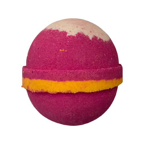 A round Cherry Slush Pop Bath Bomb from The Soap Gals, designed with pink and yellow layers—pink on the top and bottom with a yellow band in between—promises a rejuvenating bathing experience.